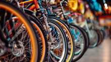 Close-up Of A Row Of Different Bicycles In A Store, Selective Focus, Copy Space
