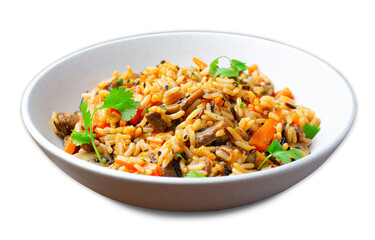 Wall Mural - Wild Rice with Mushrooms, Asian Style Vegetarian Meal in a Bowl on White Background