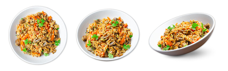 Wall Mural - Wild Rice with Mushrooms, Asian Style Vegetarian Meal in a Bowl on White Background