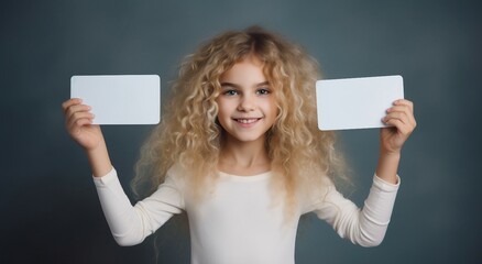 Wall Mural - A woman holding a business card, a packet of business cards