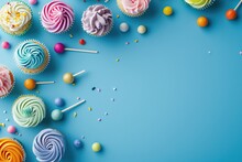 Blue Table Top On Blue Background With Decorated Lollipops And Cupcakes, Children Birthday Party