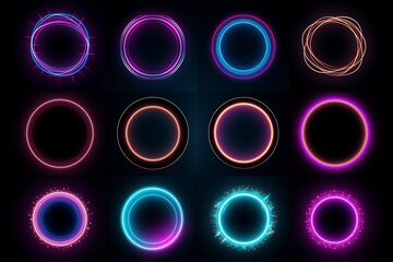 Set of Neon Circles, Round Curve, Wavy Lines, Black Background, Technology Concept, Circular Light Frame Border, Isolated Graphic Element