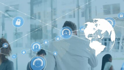Animation of connections with globe and world map over caucasian businessman talking on smartphone