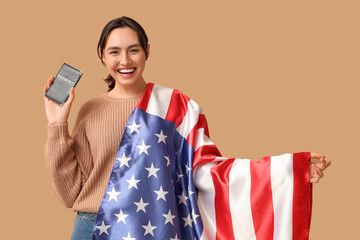 Poster - Pretty young woman with USA flag and passport on beige background. Immigration concept