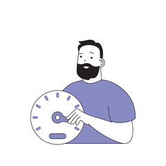 Fototapete - Teamwork concept with cartoon people in flat design for web. Man organizing time at work, going tasks to deadline with colleagues. Vector illustration for social media banner, marketing material.