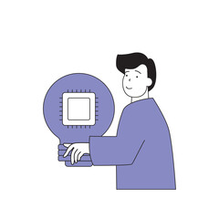 Fototapete - Teamwork concept with cartoon people in flat design for web. Man brainstorming with team, creating work strategy and improvements. Vector illustration for social media banner, marketing material.