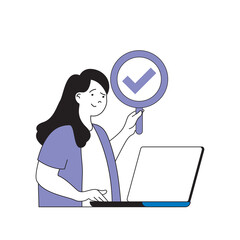 Fototapete - Teamwork concept with cartoon people in flat design for web. Woman making marketing research and connecting with colleagues online. Vector illustration for social media banner, marketing material.
