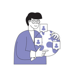 Fototapete - Teamwork concept with cartoon people in flat design for web. Man connecting with distant colleagues and freelancers working at project. Vector illustration for social media banner, marketing material.