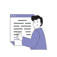 Fototapete - Teamwork concept with cartoon people in flat design for web. Man doing company paperwork and making professional business documents. Vector illustration for social media banner, marketing material.
