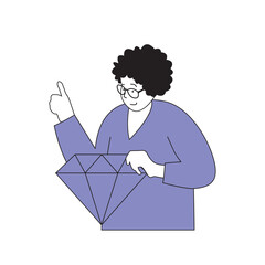 Fototapete - Teamwork concept with cartoon people in flat design for web. Woman with diamond making work with high quality and company values. Vector illustration for social media banner, marketing material.