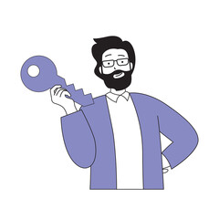 Fototapete - Teamwork concept with cartoon people in flat design for web. Man with business key working in office with team and developing company. Vector illustration for social media banner, marketing material.