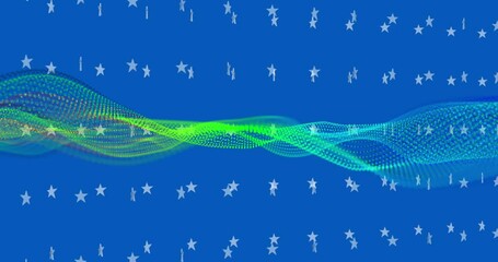 Wall Mural - animation of green and blue floating network over white stars turning on blue backgound