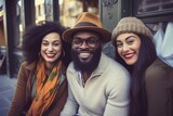 Fototapeta  - Black History Month, African american hipster man with two beautiful woman