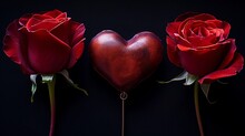 Three Red Hearts With A Red Rose Isolated On A Black Background. Valentine Wallpaper