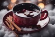 Cup of hot red wine and spicery covered with snowflakes