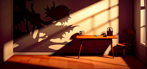 Sticker - Room with table and shadow of dragon on the wall.