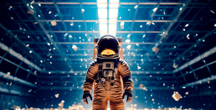 Astronaut in space suit standing in front of large amount of debris.