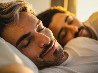 Sticker - Latin LGBT gay couple sleeping together in bed on the morning, closeup photography portrait