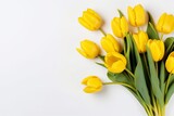 Fototapeta Tulipany - bouquet of beautiful yellow tulips on white background, flat lay and copy space - generative ai