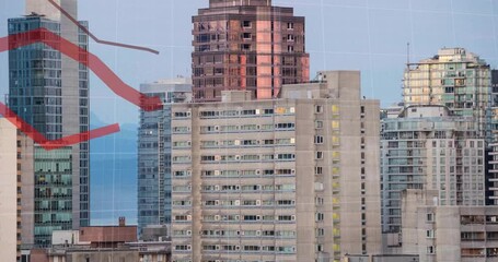 Wall Mural - Animation of red lines and financial data processing over buildings