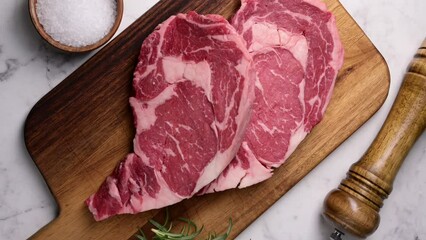 Wall Mural - vertical video, raw ribeye steak beef on white marble background