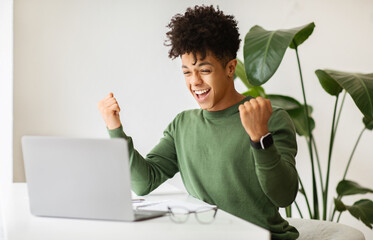 Wall Mural - Joyful young black guy startuper celebrating success, office interior