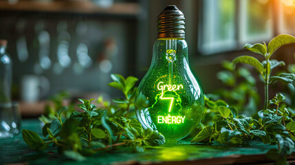 Wall Mural - light blub in a green plant setting with the words green energy