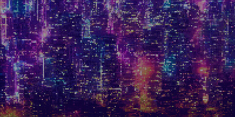 abstract halftone dotted digital technology background with futuristic night city and neon light eff