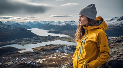 Wall Mural - woman in yellow jacket standing on the mountain