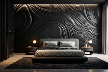 Wall Mural - A sophisticated bedroom with a 3D wall design of abstract metallic swirls in silver and black