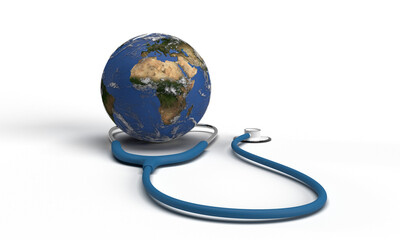 world planet global map earth circle round stethoscope blue colour white isolated background dicut o