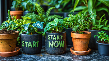 Sticker - words start now between plants in pots