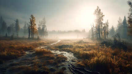 Wall Mural - Beautiful morning forest at autumn with fog