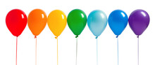Line of helium balloons in rainbow colors on strings isolated on white background