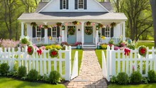 An Idyllic Spring Scene With A White Picket Fence Adorned With Wreaths, Bows And Oversized Colorful Eggs