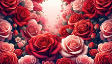 Valentine's Day Background With Red And Pink Rose Flowers. Generative Ai.
