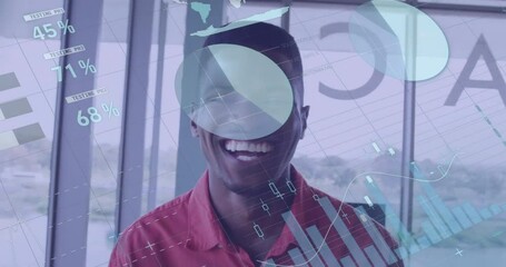 Sticker - Animation of financial data processing over smiling african american businessman in office