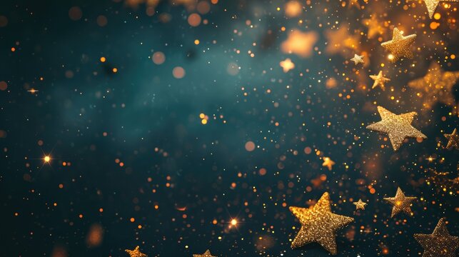 Abstract festive dark background with golden stars glitter and free place for text. New Year, Christmas, birthday, holiday celebration banner