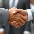 Two individuals engage in a strong, respectful handshake, signaling a professional agreement or greeting, possibly after a successful meeting