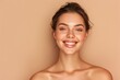 © Lucija - Woman with a serene beauty smile, her face the epitome of skincare achievement and wellness, set against a neutral beige studio background, a vision of happiness and peace.