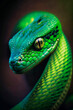 © ADDICTIVE STOCK - Generative AI illustration of close-up of a vibrant green snake with intricate scales and a captivating yellow eye