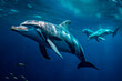 © ADDICTIVE STOCK - Generative AI illustration of two dolphins gliding gracefully underwater with sunlight filtering through the surface of the ocean