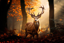 Generative AI Illustration Of Majestic Stag With Impressive Antlers Stands In A Misty Autumn Forest Bathed In Golden Sunlight