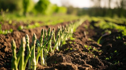 Sticker - Rows of young asparagus plants growing in a sunlit agricultural field.