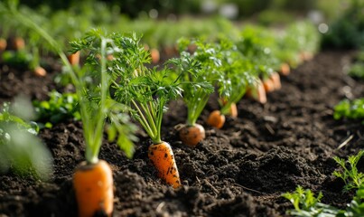 Wall Mural - Fresh carrots with green leaves sprouting from the soil in a farm field.