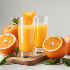 Wall Mural - fresh orange juice. oranges and a glass of orange juice on a cutting board