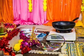 Indian Hindu wedding ceremony ritual items close up