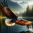 Majestic Bald Eagle Descent from the Sky Soaring in Flight Aiming Fishing Flying Swoops Down Talons Extended Over Water Preys on Looking for & Catches Snatches a Large Fish from Lake or Sea Precision