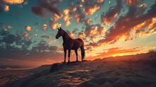 A Brown Horse Standing On Top Of A Sandy Beach Under A Cloudy Blue And Orange Sky With A Sunset. Ai Generative