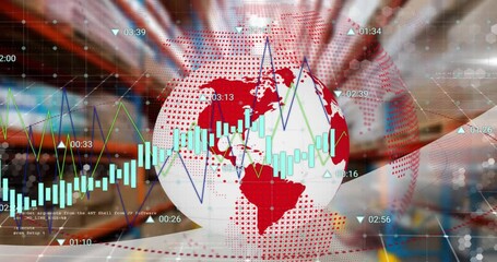 Poster - Animation of financial data processing over globe and warehouse